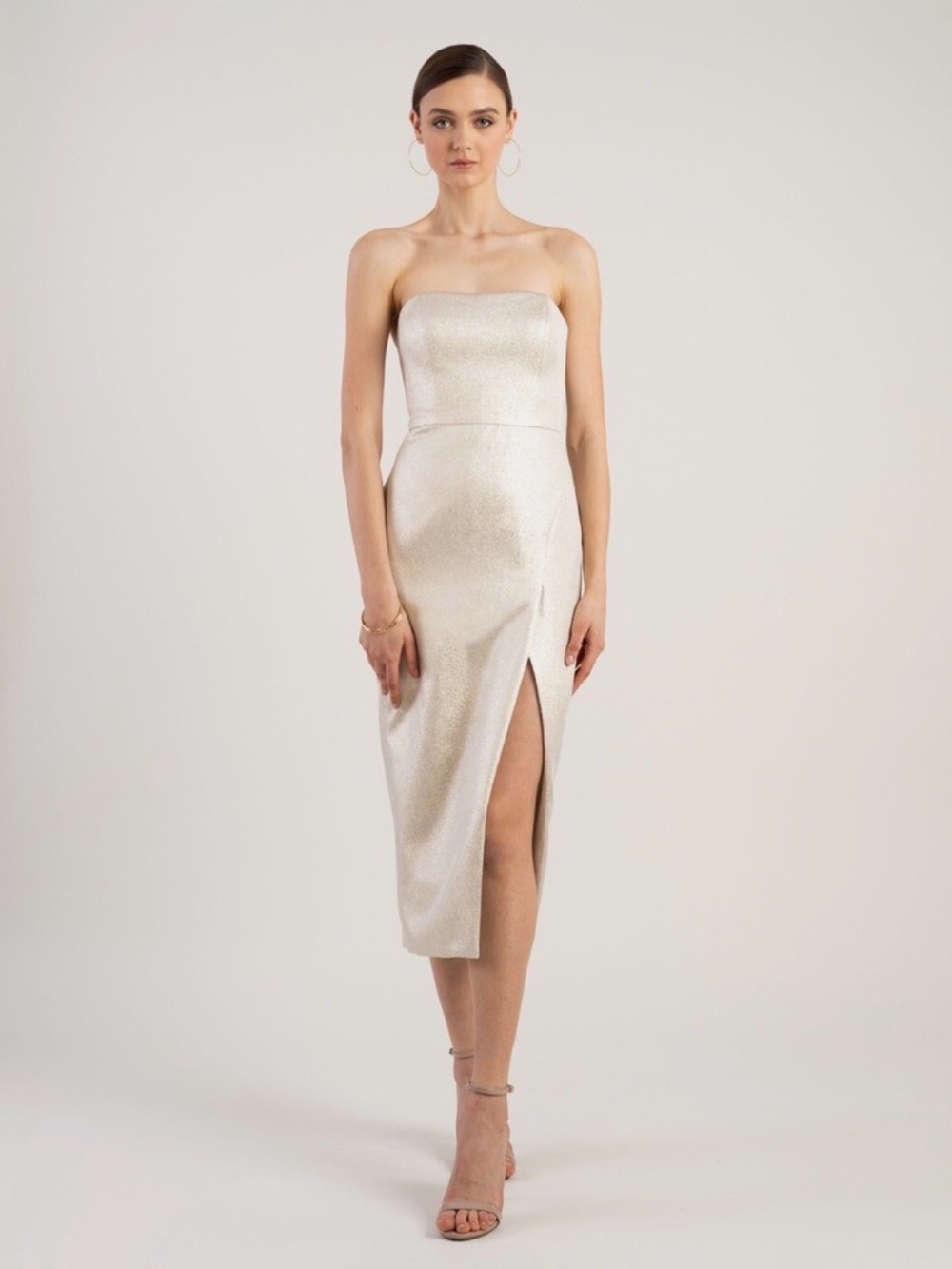 Jenny Yoo Reign Metallic Gold Jacquard Strapless Dress, Size 12